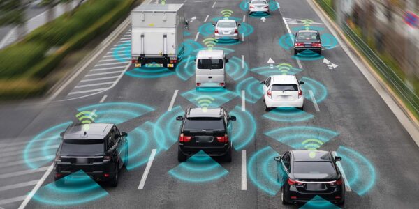 Cars on highway using wireless technology for communication.