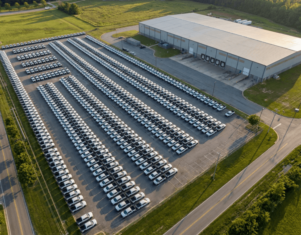 Rows of white vehicles parked outside a large warehouse on a sunny day.